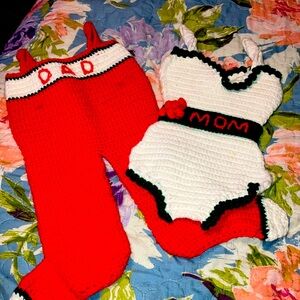 HAND KNITTED MOM & DAD HAND KNIT HAND CRAFTED STOCKING SET SWIMSUIT & OVERALLS